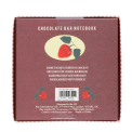 Back of chocolate bar notebook packaging with product details, barcode and strawberry illustration.