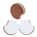 Chocolate biscuit-shaped notebook shown closed and open, revealing bite-shaped white pages.