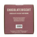 Back of chocolate biscuit notebook packaging with product information, barcode and manufacturer details.