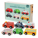 Set of six wooden toy vehicles with storage box, including bus, ambulance and fire engine