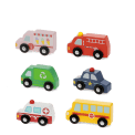 Set of six wooden toy vehicles, including bus, ambulance and fire engine