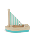 Good catch. From the image alone, the sail appears to be a flat printed panel and not clearly fabric. For accurate alt text, I'd avoid specifying the material.  Little wooden sailing boat with turquoise hull and striped sail