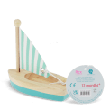 Good catch. From the image alone, the sail appears to be a flat printed panel and not clearly fabric. For accurate alt text, I'd avoid specifying the material.  Little wooden sailing boat with turquoise hull and striped sail with tag