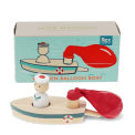 Wooden balloon-powered toy boat with detachable balloon and illustrated storage box