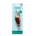 Bird-shaped stainless steel corkscrew with foil cutter and wooden handle in retail packaging.