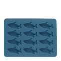 Shark-shaped ice cube tray with 12 shark moulds in blue