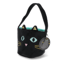 Black velvet cat-shaped bag with embroidered face, glitter ears and shoulder strap
