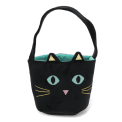 Black velvet cat-shaped bag with embroidered face, glitter ears and shoulder strap