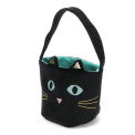 Black velvet cat-shaped bag with embroidered face, glitter ears and shoulder strap