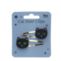 Set of two glitter black cat hair clips in retail card packaging