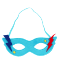 Blue superhero eye mask with lightning bolt accents, star details and strap