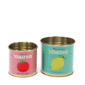 Decorative storage tins labelled "Spiced Tomatoes" and "Moroccan Lemons"