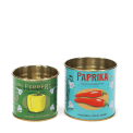 Decorative storage tins labelled "Pepper" and "Paprika" with illustrated peppers