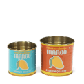 Decorative storage tins featuring vintage-style mango illustrations