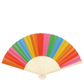 Rainbow-striped recycled paper hand fan with cream handle and colourful folding design.
