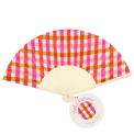 Pink and orange gingham recycled paper hand fan with cream handle and folding design.