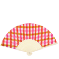 Pink and orange gingham recycled paper hand fan with cream handle and folding design.