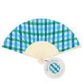 Blue and green gingham recycled paper hand fan with cream handle and folding design.