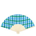 Blue and green gingham recycled paper hand fan with cream handle and folding design.