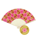 Retro daisy recycled paper hand fan with pink floral pattern and cream folding handle.