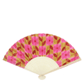 Retro daisy recycled paper hand fan with pink floral pattern and cream folding handle.