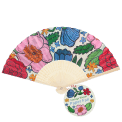Vintage floral recycled paper hand fan with colourful flower pattern and cream folding handle.
