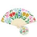 Spring floral recycled paper hand fan with colourful flower pattern and cream folding handle.