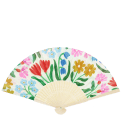 Spring floral recycled paper hand fan with colourful flower pattern and cream folding handle.