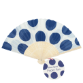  Blue polka dot recycled paper hand fan with cream folding handle and colourful circular pattern.