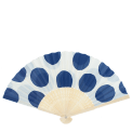 Blue polka dot recycled paper hand fan with cream folding handle and colourful circular pattern.