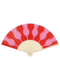 Pink and red abstract recycled paper hand fan with cream folding handle.
