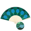Green abstract recycled paper hand fan with cream folding handle.