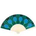 Green abstract recycled paper hand fan with cream folding handle.