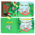 Open pages of Baby First Book showing illustrated mice, birds, plants and garden scenes.