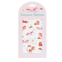 Pack of unicorn temporary tattoos featuring colourful unicorns, rainbows, moons and stars.