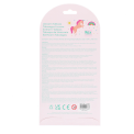 Back of unicorn temporary tattoos pack with instructions, ingredients and safety information.