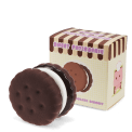 Chocolate biscuit squishy toy with cream filling, shown beside matching display box.