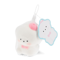 White bear squishy toy with pink bow, packaged in mesh netting with hanging tag.
