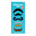 Self-adhesive moustache set with six novelty moustache styles on retail packaging..