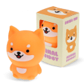 Orange dog-shaped squishy toy with smiling face, shown beside matching display box.