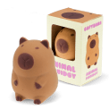 Brown capybara squishy toy with soft rounded design, shown beside matching display box.