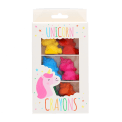 Box of six unicorn-shaped crayons in assorted colours with window-front packaging.