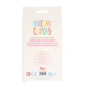 Back of unicorn crayon set packaging with product details and safety information.