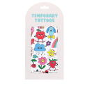 Pack of temporary tattoos featuring colourful cartoon fruit, flowers and rainbow characters.