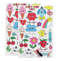 Two sheets of temporary tattoos featuring cartoon fruit, flowers, rainbow and clouds characters.