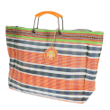 Large woven shopping bag with orange and blue striped pattern with orange handles