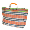 Large woven shopping bag with orange and blue striped pattern with orange handles