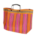 Large woven shopping bag with orange and pink striped design and black handles.