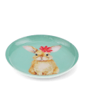 Round metal trinket tray featuring an illustrated rabbit with a red flower.