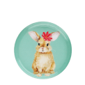 Round metal trinket tray featuring an illustrated rabbit with a red flower.